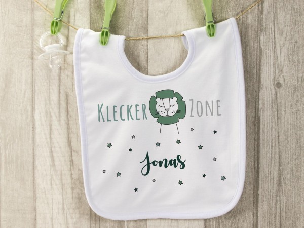 Lätzchen für Babys & Kleinkinder mit Wunschname - Löwe mit Spruch Kleckerzone