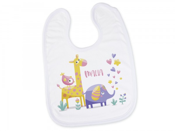 Lätzchen für Babys &amp; Kleinkinder mit Wunschname - Giraffe Elefant Vogel