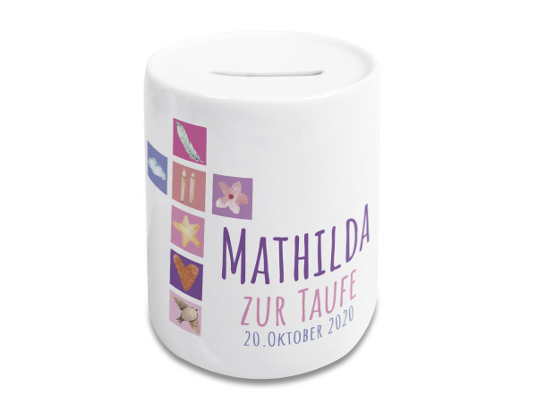 Geschenk zur Taufe - Spardose Personalisiert, Süßer Kreuz in pink