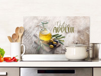 Spritzschutz Küche Glas Guten Appetit mit Olivenzweig braun
