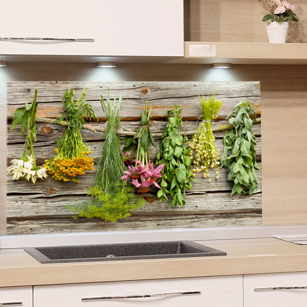 Spritzschutz aus Glas Kräuter Sträuße Holzwand Optik Spritzschutz aus Glas Kräuter Sträuße Holzwand Optik