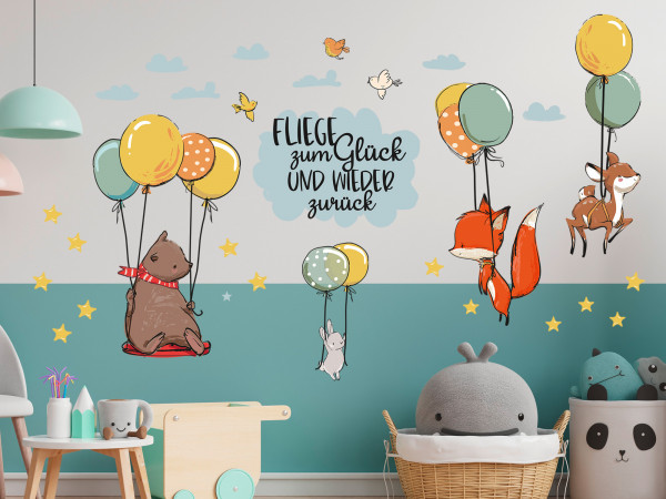 Wandtattoo Kinderzimmer, Waldtiere mit Luftballons und Spruch