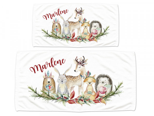 Geschenkset Handtücher 2 Größen - personalisiert mit Namen - Waldtiere