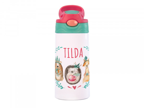 Thermotrinkflasche Mädchen mit Wunschname, Waldtiere Fuchs/Bär/Igel, Geschenk Geburtstag, Kindergarten, Eingschulung