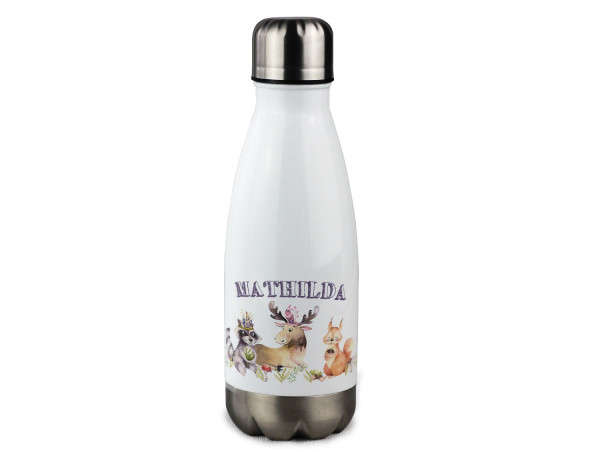 Trinkflasche personalisiert mit Namen, Waldtiere, Elch und Waschbär