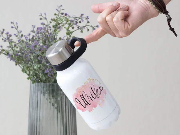 Thermosflasche mit Henkel für Frauen - rosa Watercolor - Trinkflasche personalisiert mit Namen
