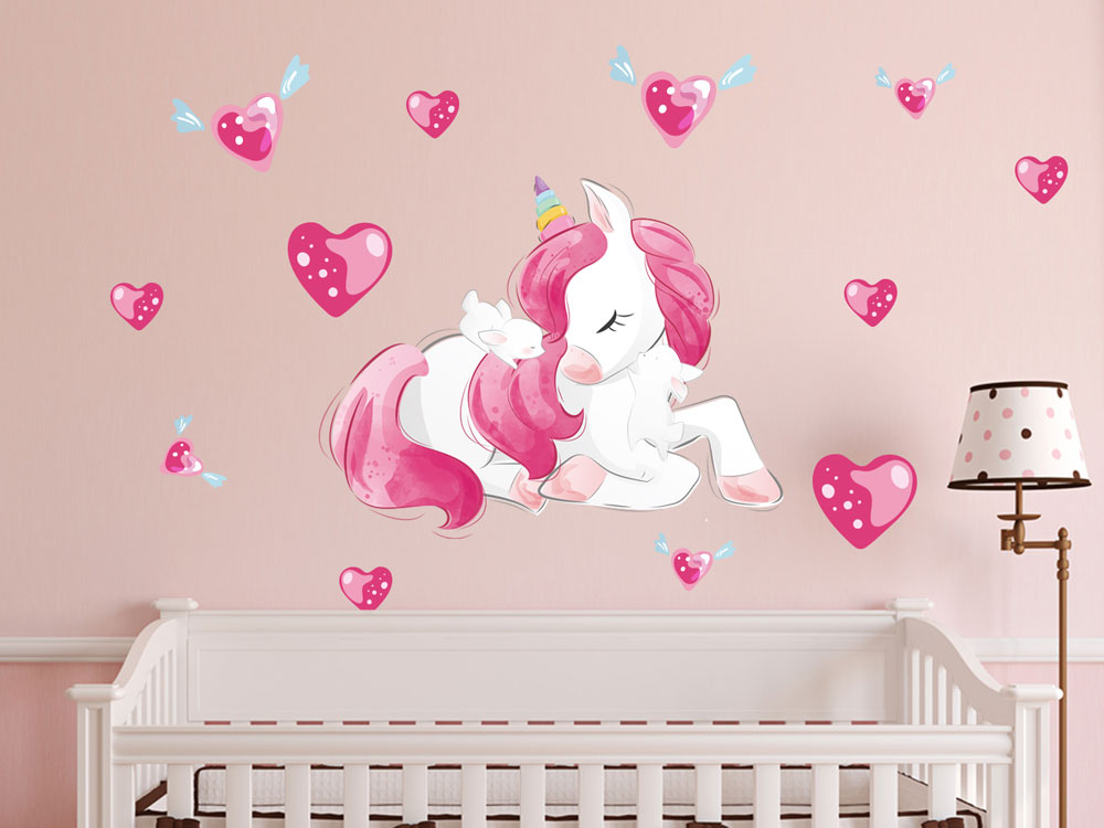 Supzone Wandtattoo Einhorn Mit Regenbogen & Heißluftballon | Rosa Wanddeko Für Mädchenzimmer | Einfach Zu Entfernen