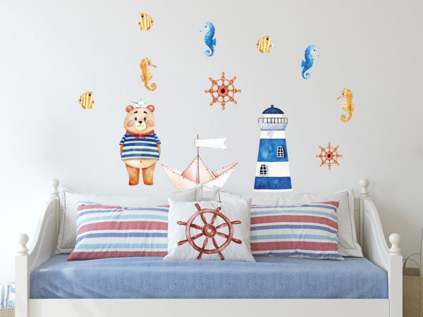 Wandtattoo Ahoi Matrose Kinderzimmer, Wandaufkleber maritim für Jungen, Deko für Babyzimmer Baby Jungenzimmer Jungs, Aquarell