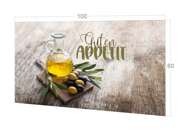 Spritzschutz Küche Glas Guten Appetit mit Olivenzweig braun