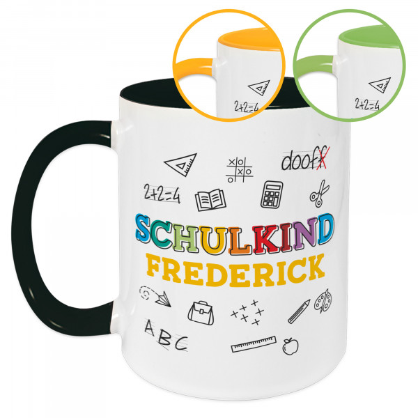 Tasse Kinder Einschulung, Wunschname und Jahreszahl, Schulsachen mit Spruch