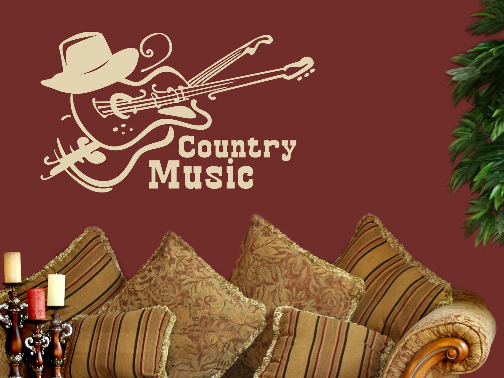 Wandtattoo Musik Schriftzug Country Music mit Gitarre und Cowboyhut