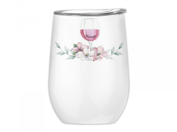 Weinbecher, Weinglas, floral , personalisiert mit Namen, Tumbler, Edelstahlbecher, to Go,mit Deckel