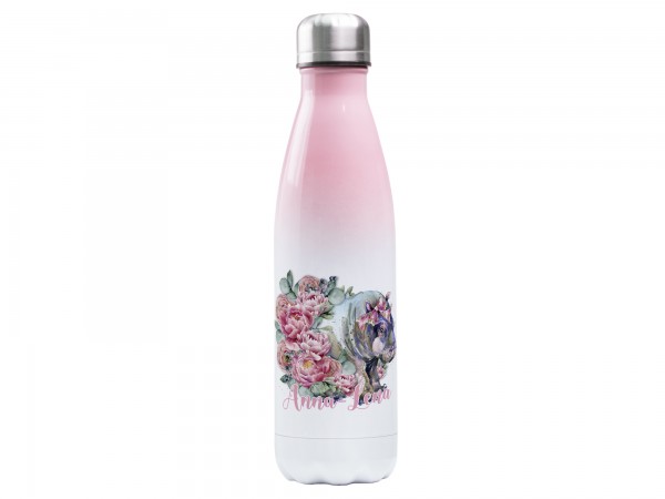 Thermosflasche rosa mit Wunschname - Nilpferd mit Blumen