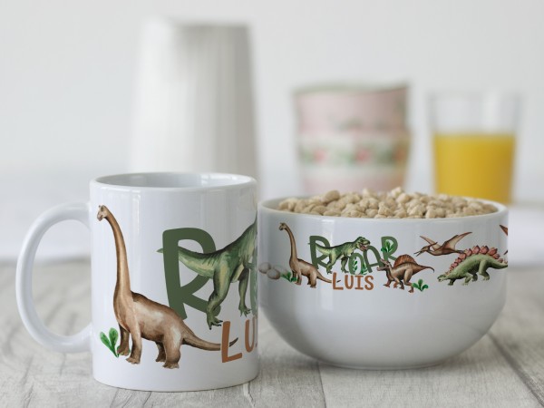 Geschenk-Kinder-Set mit Müslischale & Tasse Dinosaurier