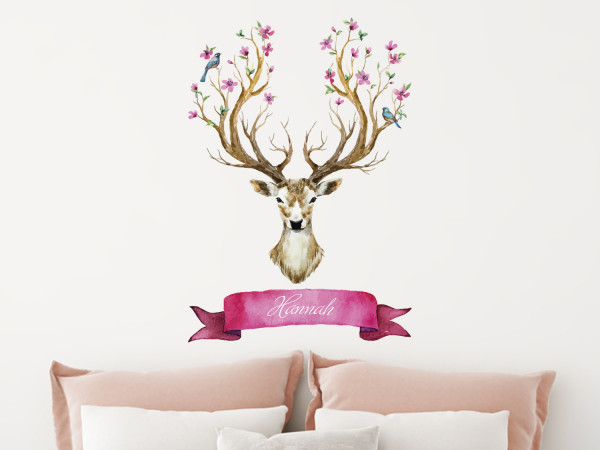 Wandtattoo Hirsch mit Blüten und Namen