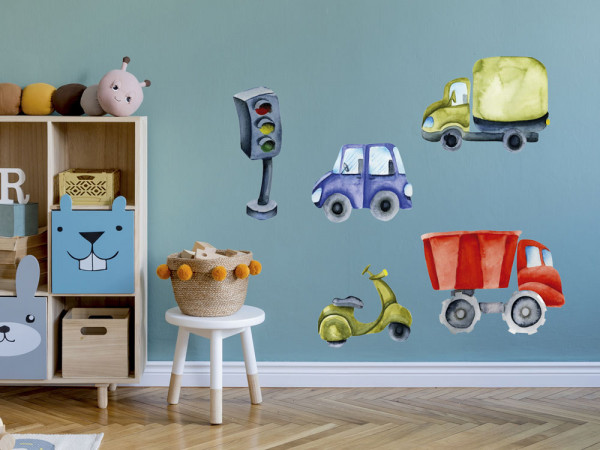 Wandtattoo Autos Kinderzimmer, Wandaufkleber für Jungen, Deko für Babyzimmer Baby Jungenzimmer Jungs, Aquarell