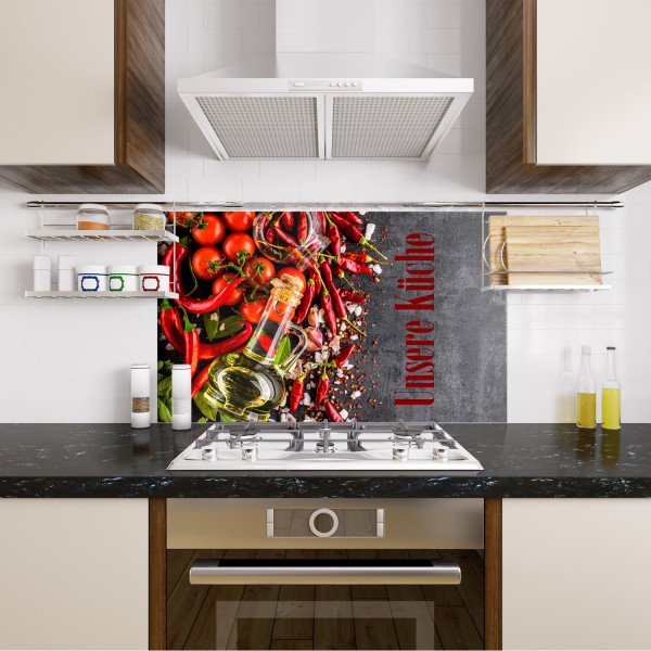 Spritzschutz Unsere Küche mediterran Chili Tomaten Fliesenspiegel für Fliesen