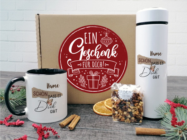 Tee Geschenkset "Schön, dass es Dich gibt" mit Name in braun