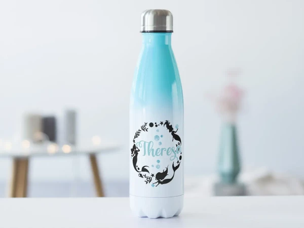 Edelstahl Trinkflasche Blau für Kinder 500 ml - Meerjungfrauen - personalisiert mit Namen