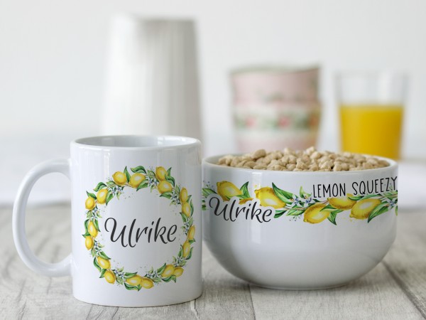 Geschenk-Set mit Müslischale & Tasse Zitronen easy peasy lemon squeezy