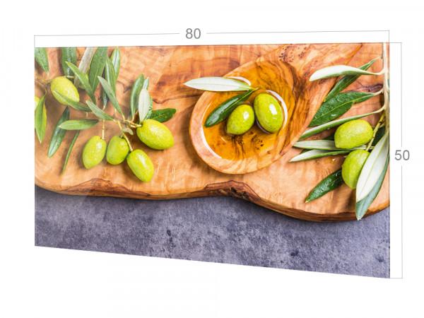 Spritzschutz Küche Glas grüne Oliven braun grau