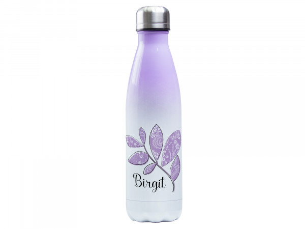 Trinkflasche lila personalisiert - Blätterzweig
