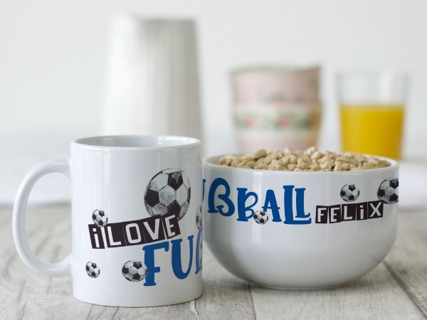 Geschenk-Kinder-Set mit Müslischale & Tasse i love Fußball