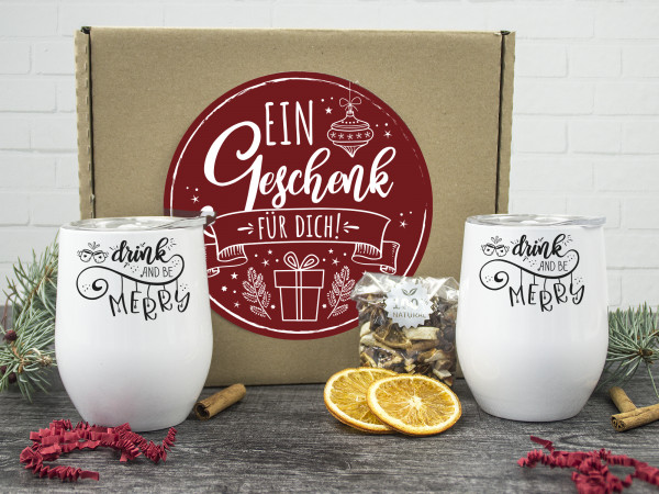 Glühwein Set als Geschenk - Zwei Weinbecher mit Spruch "Drink and be merry", Tumbler, Weihnachten