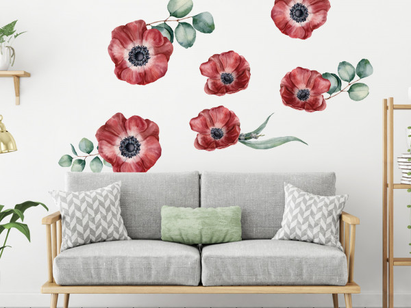 Wandtattoo Mohnblumen Blumen rot - dunkelrot, Wohnzimmer Schlafzimmer Wanddeko