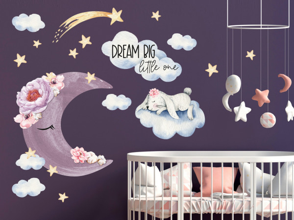 Wandtattoo Kinderzimmer, Hase im Himmel mit Mond und Spruch