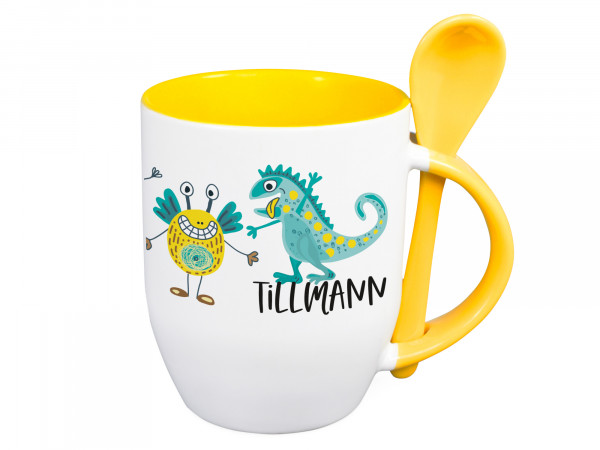 Tasse mit Löffel Name personalisiert mit Monster