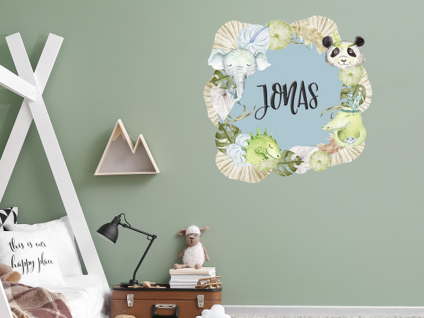 Wandtattoo mit Namen personalisiert, Kinderzimmer für Mädchen und Jungen, Türaufkleber, Motiv Tiere