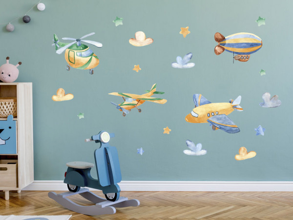 Wandtattoo Flugzeug Kinderzimmer, Wandaufkleber Wolken für Jungen, Deko für Babyzimmer Baby Jungenzimmer Jungs, Aquarell