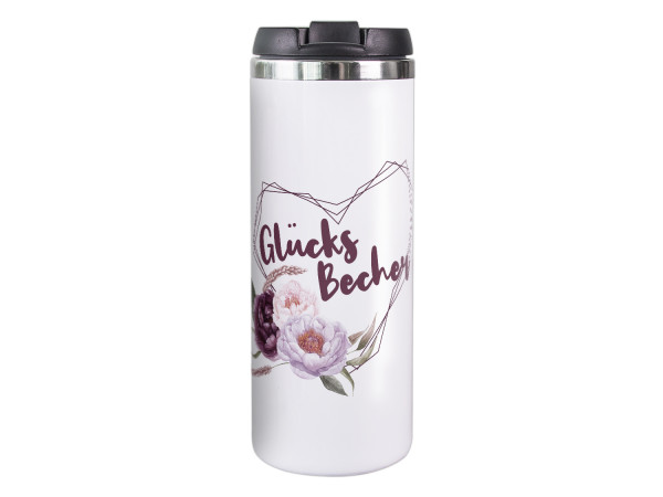 Thermobecher Pfingstrosen und Herz, Kaffeebecher mit Blumen, Glücks Becher