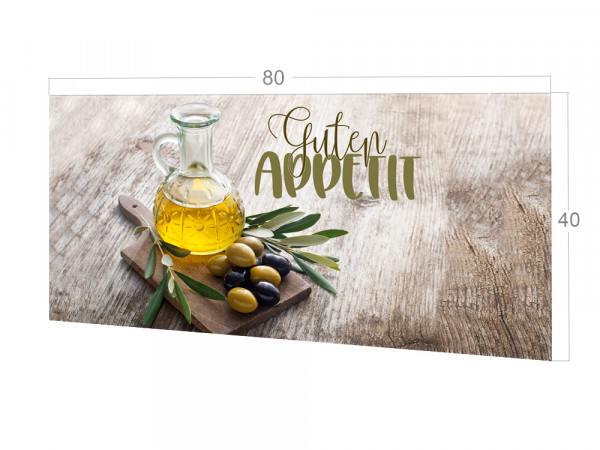 Spritzschutz Küche Glas Guten Appetit mit Olivenzweig braun