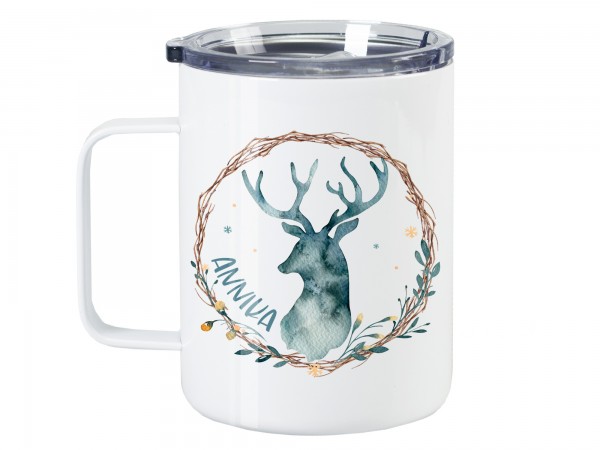 Thermo Tasse Wanderbecher mit Wunschname - Hirsch Aquarell