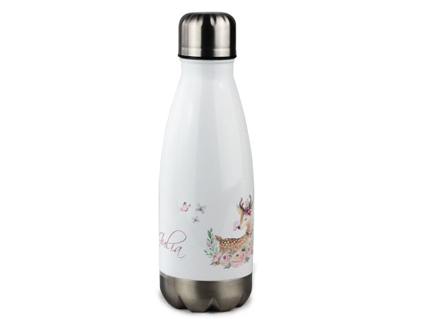 Trinkflasche mit Namen für Mädchen, personalisiert Reh mit Blumen