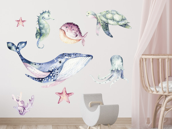 Wandtattoo Set Fische und Meeresbewohner für Kinderzimmer, Badezimmer