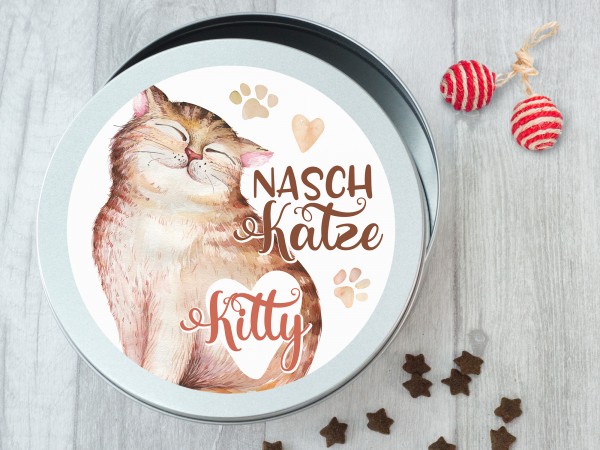 Personalisierte Keksdose - Dose für Leckerlies Katzensnacks - Naschkatze - mit Namen der Katze
