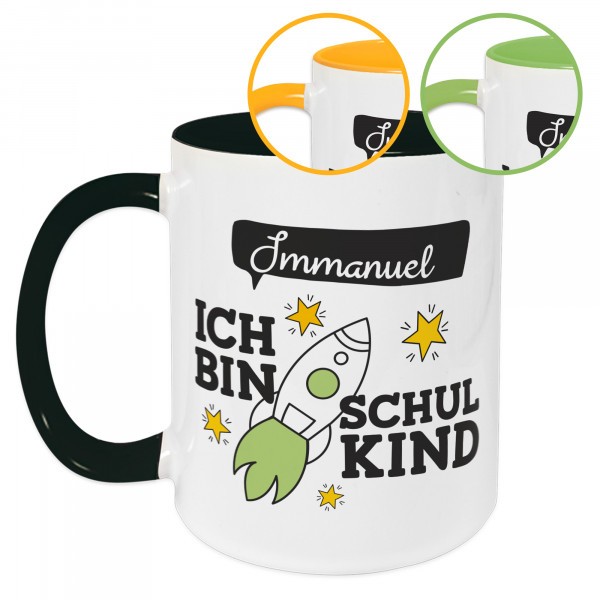 Tasse Kinder Einschulung, Wunschname und Jahreszahl, Rakete mit Spruch