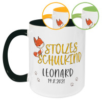 Tasse Kinder Einschulung, Wunschname und Datum, Fuchs mit Spruch