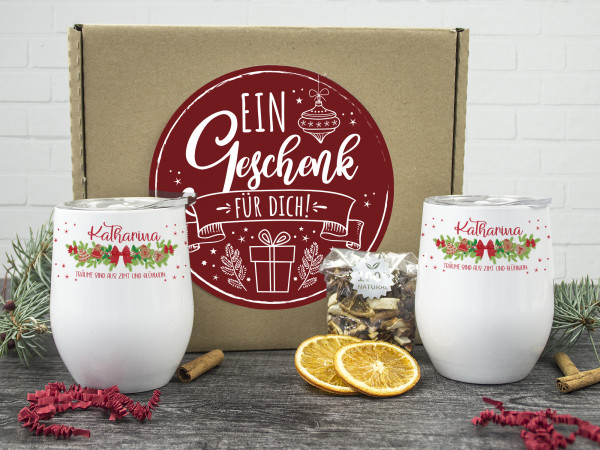 Glühwein Set als Geschenk, zwei Weinbecher mit Namen und Spruch "Träume sind aus Zimt und Glühwein"