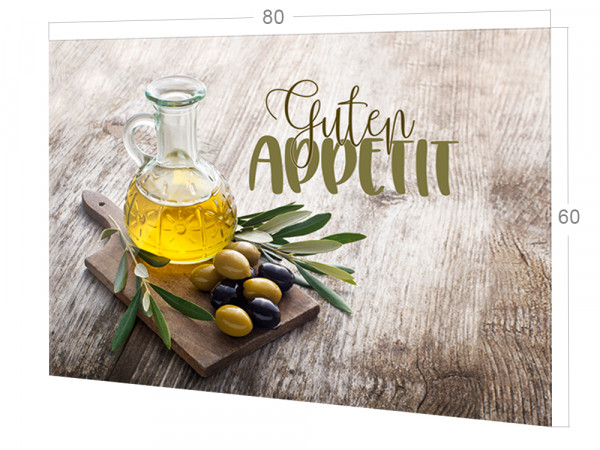 Spritzschutz Küche Glas Guten Appetit mit Olivenzweig braun