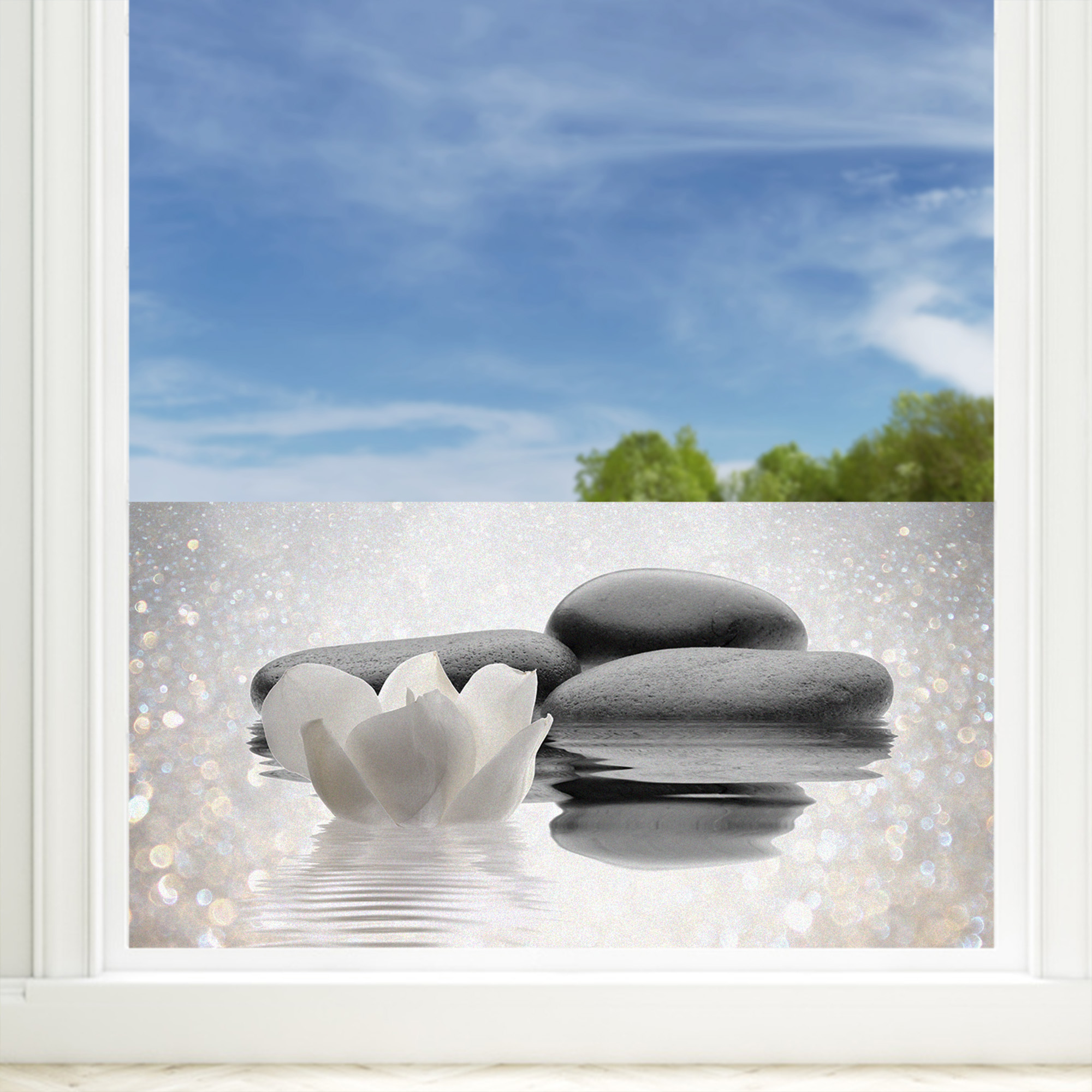 Sichtschutzfolie Seerose Steine weiß, Badezimmer, Sichtschutzfolie, Fensterfolie