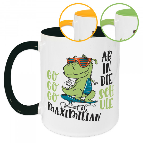 Tasse Kinder Einschulung, Wunschname und Datum, Skater Krokodil mit Spruch