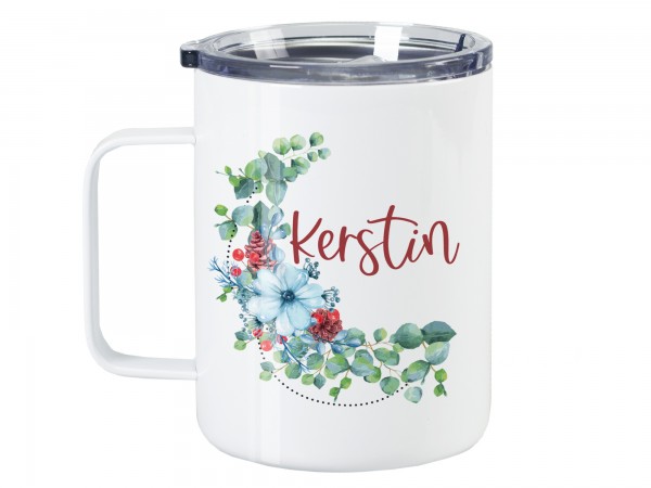 Thermo Tasse Wanderbecher mit Wunschname - Eukalyptus Blumen Mond