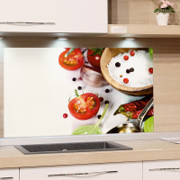 Spritzschutz aus Glas Salz Pfeffer Knoblauch Tomate Beispiel in der Küche