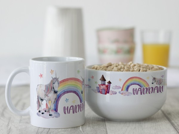 Geschenk-Frühstück-Set mit Müslischale & Tasse mit Name und Einhorn