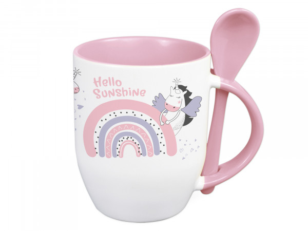 Tasse mit Löffel Einhorn mit Regenbogen und Namen