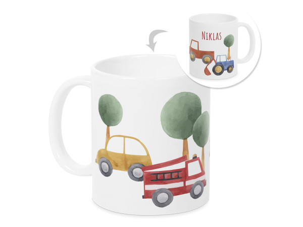 Tasse mit Namen Kinder, personalisiertes Geschenk Weihnachten Geburtstag, als Geschenkidee, Becher, Autos und Feuerwehr